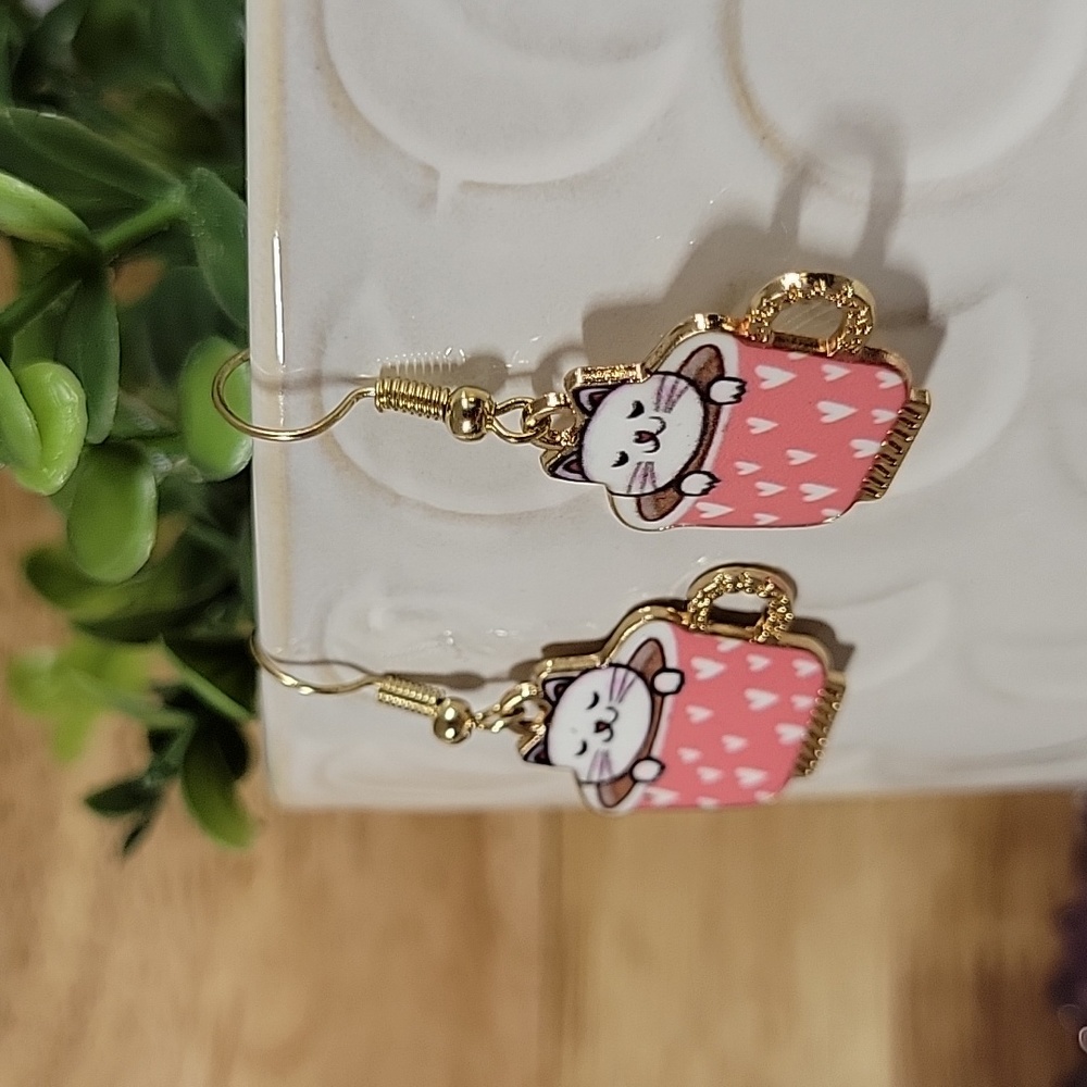 White Cat Teacup Drop Earrings - Picture 5 of 5